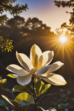 Radiant Magnolia of the Cosmic Dawn: Awakening with the first rays of the cosmic sun, this magnolia radiates a golden light that dispels the shadows of the universe.