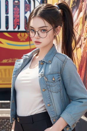 score_9, (Masterpiece), REALISTIC, UHD, vivid colors, 8K, more detail, ultra high_resolution, sharp, (movie poster shot), 1girl, ((She looks like Elle fanning, eyes look like Mila kunis)), 20yo, ((slicked ponytail hair)), symmetrical eyes, detail face feature, well-proportioned body, detailed fabric textures in clothing, she is a super-model, (magazine photo), (Coach brand legend fashion collections), (shirts, capri pants, jacket, round glasses), (virtual unreal fantasy background),