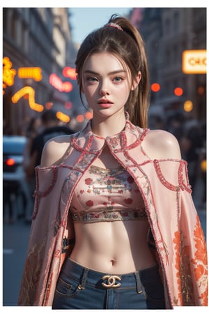 score_9, (Masterpiece), REALISTIC, UHD, vivid colors, 8K, more detail, ultra high_resolution, sharp, (movie poster shot), 1girl, ((She looks like Elle fanning, eyes look like Mila kunis)), 20yo, ((slicked ponytail hair)), symmetrical eyes, detail face feature, well-proportioned body, detailed fabric textures in clothing, she is a super-model, (magazine photo), (Chanel brand legend fashion collections), (pants, cape), (virtual unreal fantasy background),