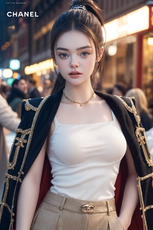 score_9, (Masterpiece), REALISTIC, UHD, vivid colors, 8K, more detail, ultra high_resolution, sharp, (movie poster shot), 1girl, ((She looks like Elle fanning, eyes look like Mila kunis)), 20yo, ((slicked ponytail hair)), detail face feature, well-proportioned body, detailed fabric textures in clothing, she is a super-model, (magazine photo), (Chanel brand legend fashion collections), (pants, cape), (virtual unreal fantasy background),