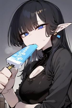 1girl, solo, black hair, long hair, upper body, masterpiece, best quality, very aesthetic, absurdres,gotou hitori, sagawa, fucking, masterpiece, high quality, only black hair, elf clothes, feel disgusting, blue eyes, censored, eating icecream