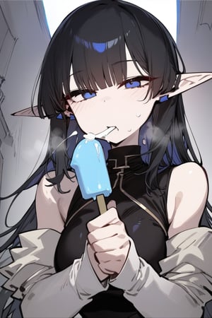 1girl, solo, black hair, long hair, upper body, masterpiece, best quality, very aesthetic, absurdres,gotou hitori, sagawa, fucking, masterpiece, high quality, only black hair, elf clothes, feel disgusting, blue eyes, censored, eating icecream