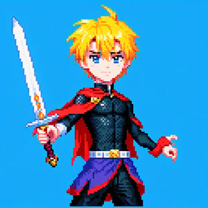 prince, yellow hair, sword, black chainmail armor, 15-years, (((smirk))), mushroom haircut, red cape, anime, good pixel art,pixel art,pixel,16 bit