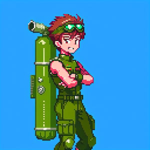 military man, brown hair, bazooka, 25-years, (anime), leaning, toothy smile, (((crossed arms in front))), green diver visor, sleeveless, good pixel art,pixel art,pixel,16 bit,