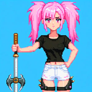 woman, pink hair, spiked weapon, black shirt, white shorts, good pixel art,pixel art,pixel,16 bit