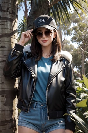 (1girl), Cool koala wearing a stylish leather jacket, leaning casually against a eucalyptus tree, sunglasses perched on its nose, a mischievous grin on its face, surrounded by vibrant Australian flora, urban graffiti art in the background, soft sunlight filtering through the leaves, a sense of laid-back attitude and confidence, playful pose with one paw resting on the jacket, capturing the spirit of adventure and rebellion, 8K resolution, photorealistic style



