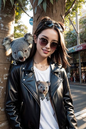 (1girl), Cool koala wearing a stylish leather jacket, leaning casually against a eucalyptus tree, sunglasses perched on its nose, a mischievous grin on its face, surrounded by vibrant Australian flora, urban graffiti art in the background, soft sunlight filtering through the leaves, a sense of laid-back attitude and confidence, playful pose with one paw resting on the jacket, capturing the spirit of adventure and rebellion, 8K resolution, photorealistic style



