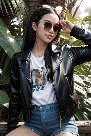 (1girl), Cool koala wearing a stylish leather jacket, leaning casually against a eucalyptus tree, sunglasses perched on its nose, a mischievous grin on its face, surrounded by vibrant Australian flora, urban graffiti art in the background, soft sunlight filtering through the leaves, a sense of laid-back attitude and confidence, playful pose with one paw resting on the jacket, capturing the spirit of adventure and rebellion, 8K resolution, photorealistic style



