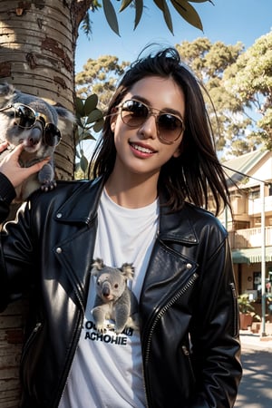 (1girl), Cool koala wearing a stylish leather jacket, leaning casually against a eucalyptus tree, sunglasses perched on its nose, a mischievous grin on its face, surrounded by vibrant Australian flora, urban graffiti art in the background, soft sunlight filtering through the leaves, a sense of laid-back attitude and confidence, playful pose with one paw resting on the jacket, capturing the spirit of adventure and rebellion, 8K resolution, photorealistic style



