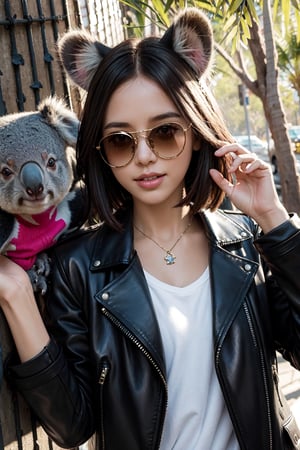 (1girl), Cool koala wearing a stylish leather jacket, leaning casually against a eucalyptus tree, sunglasses perched on its nose, a mischievous grin on its face, surrounded by vibrant Australian flora, urban graffiti art in the background, soft sunlight filtering through the leaves, a sense of laid-back attitude and confidence, playful pose with one paw resting on the jacket, capturing the spirit of adventure and rebellion, 8K resolution, photorealistic style



