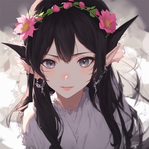 Create an anime portrait of an elf girl with long, wavy hair framing her face and falling between her eyes. She looks directly at the viewer with grey eyes, a subtle blush on her cheeks, and parted lips. Her bangs are swept to the side, revealing a hair ornament and detachable sleeves. A white dress flows from her bare shoulders, adorned with intricate jewelry and a delicate head wreath featuring a pink flower. The background is blurry, allowing the subject's ethereal features to take center stage. Capture this moment in stunning 4K or 8K resolution, showcasing every detail of her piercing, hair flower, earrings, and piercing pointy ears.