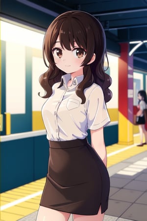 ((((masterpiece)))), ((((best quality)))), 8k, (front Photo), (1girl), shiny skin, female focus, rim light, mature_female, a college girl standing on the station platform, ((wavy_hair)), (black hair), brown dye, drak_brown_eyes, ((neutral)), closed_mouth, white_plain_shirt, pencil_skirt, arm_behind_back