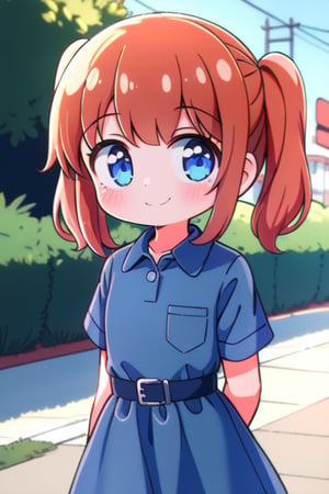 ((((masterpiece)))), ((((best quality)))), 8k, (front Photo), (1girl), shiny skin, female focus, rim light, (((loli))), a girl walking in the American neighborhood, pig_tails, ginger hair, blue_eyes, smile, closed_mouth, ((fair_skin)), ((blue_shirtdress)), arm_behind_back, 1950s (style)