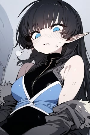 1girl, solo, black hair, long hair, upper body, masterpiece, best quality, very aesthetic, absurdres,gotou hitori, sagawa, fucking, masterpiece, high quality, only black hair, magical fight girl rubber suit clothes, feel disgusting, blue eyes, censored, shy