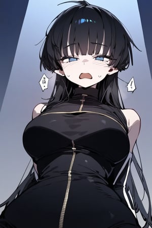 1girl, solo, black hair, long hair, upper body, masterpiece, best quality, very aesthetic, absurdres,gotou hitori, sagawa, fucking, masterpiece, high quality, only black hair, rubber suit clothes, feel disgusting, blue eyes, censored, tickled by feather