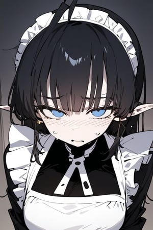 1girl, solo, black hair, long hair, upper body, masterpiece, best quality, very aesthetic, absurdres,gotou hitori, sagawa, fucking, masterpiece, high quality, only black hair, maid clothes, feel disgusting, blue eyes, censored, shy