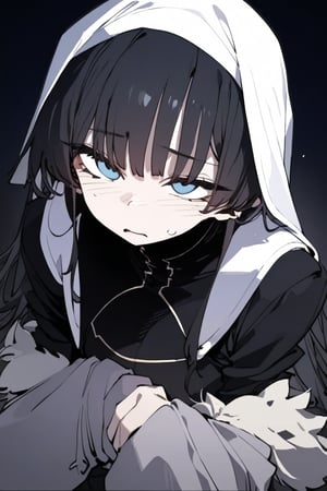 1girl, solo, black hair, long hair, upper body, masterpiece, best quality, very aesthetic, absurdres,gotou hitori, sagawa, fucking, masterpiece, high quality, only black hair, nun clothes, feel disgusting, blue eyes, censored, shy