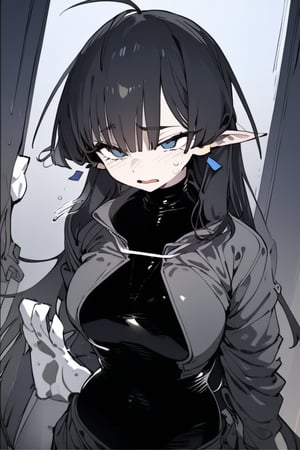 1girl, solo, black hair, long hair, upper body, masterpiece, best quality, very aesthetic, absurdres,gotou hitori, sagawa, fucking, masterpiece, high quality, only black hair, rubber suit clothes, feel disgusting, blue eyes, censored, tickled by feather, feel sexually good