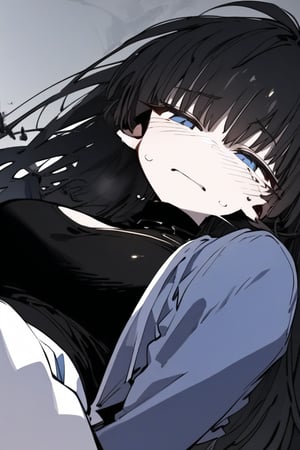 1girl, solo, black hair, long hair, upper body, masterpiece, best quality, very aesthetic, absurdres,gotou hitori, sagawa, fucking, masterpiece, high quality, only black hair, magical fight girl rubber suit clothes, feel disgusting, blue eyes, censored, shy