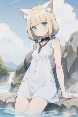 finely best quality illustration,flat illustration style,(blunt bangs:1.3),(very short bangs:1.5),(forehead:1.2),blonde hair, 1girl,
low twintails, round eyes, blue eyes, smail,

((nekomimi)) ,Transparent Summer-like camisole dress with lots of lace, blue sky, Cumulonimbus cloud 

,chain on collar, necklace, 

japan, countryside, spa, hot_spring,onsen
