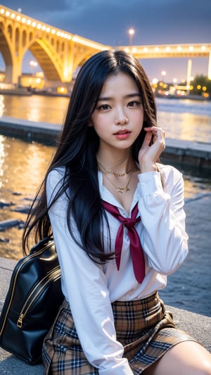 8K, UHD, masterpiece, 1 girl, good face, happy face, detailed eyes, very long hair, necklace, (school uniform), (golden skirt), tie, school bag, in the bridge, cloudy weather, realism, depth of field, 3d, unreal engine 5, ray tracing, flowing wind, sitting,