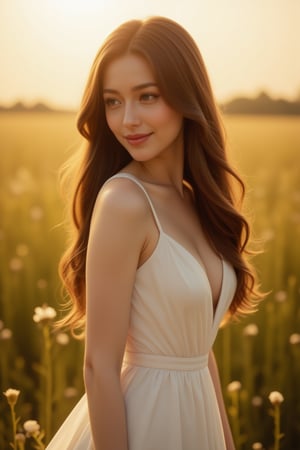 A beautiful and sensually attractive lady with long, flowing chestnut hair, standing in a sunlit meadow during the golden hour. She is wearing a flowing, off-the-shoulder white dress that gently hugs her figure, with the soft fabric fluttering in the breeze. The warm, golden light bathes her in a soft glow, highlighting her radiant skin and creating a dreamy, ethereal atmosphere. Her expression is serene and inviting, with a slight smile as she gazes into the distance.,FuturEvoLabElegant