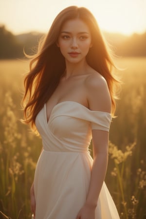 A beautiful and sensually attractive lady with long, flowing chestnut hair, standing in a sunlit meadow during the golden hour. She is wearing a flowing, off-the-shoulder white dress that gently hugs her figure, with the soft fabric fluttering in the breeze. The warm, golden light bathes her in a soft glow, highlighting her radiant skin and creating a dreamy, ethereal atmosphere. Her expression is serene and inviting, with a slight smile as she gazes into the distance.,FuturEvoLabElegant