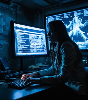 Dr. Elena Rodriguez, wide-eyed and speechless, gazes at a glowing screen displaying live footage of the monstrous creature attacking the city. Her fingers hover above a keyboard, frozen in disbelief. The dim glow of the screens casts her face in pale light, highlighting the chaos and fear in her expression.
Time: Late evening
Place: Inside a bunker, surrounded by glowing screens and research notes