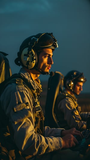 Main Characters: Israeli air force pilots, Expression: Determination and focus
Time: Pre-dawn
Place: Inside Israeli fighter jet cockpits over enemy territory
Scene Description: Israeli air force pilots fly in formation over hostile skies just before dawn, their faces filled with determination and focus as they scan the ground below for missile silos. The green glow of cockpit instruments lights their faces, and they grip their controls tightly, knowing every second counts. Below, the faint lights of the city and open fields stretch out, reflecting the calm before the storm.