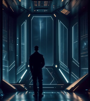 Arlen stands tall in the dimly lit command center, his face stern and determined. His eyes are focused on a holographic map of the galaxy, his hands behind his back as he contemplates the next move. Time: Dawn, with the quiet hum of the ship around him and the stars twinkling in the window behind.