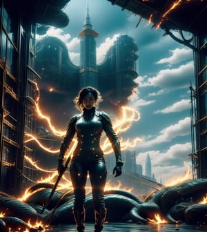 Captain Lara stands tall on a ruined skyscraper, her expression one of fierce determination. The glowing Spear of Light is mid-flight, arcing through the smoky, apocalyptic air toward the massive serpent. Behind her, the city is engulfed in flames, but she is focused entirely on the creature as it prepares to strike.