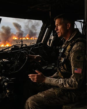 Time: Evening
Place: Inside a war-torn military vehicle, giving orders
Prompt: Commander Harris sits inside a damaged military vehicle, speaking calmly into his radio despite the chaos surrounding him. His face is calm but intense as he gives final instructions to his team. Outside, the evening sky is darkened by smoke, and flashes of light from distant explosions reflect on his face as he steers the mission forward.