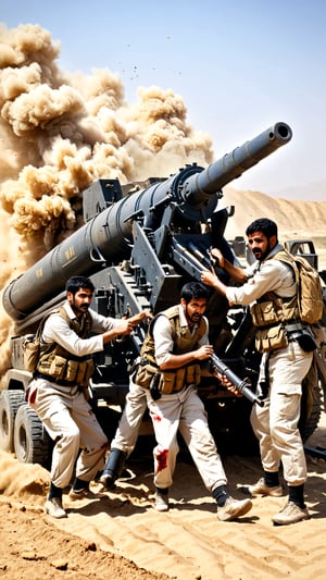 Main Characters: Iranian artillery crew, Expression: Strained and focused
Time: Midday
Place: Deserted artillery outpost on a sand dune outside Tehran
Scene Description: Iranian artillery crew members work swiftly to reload massive cannons, expressions tense and focused, hands stained with dirt and sweat. The desert sun beats down on their uniforms as they brace against the powerful recoil, sand scattering around them. Bloodstains mark their uniforms from recent skirmishes, highlighting the harsh reality of war.