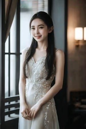 (Best quality, 8k, 32k, Raw photo, Realism, shy smiles Photorealistic), Photo of full body of super beautiful skinny Asian girl with long straight hair wearing a stunning long evening dress, perfect skin, show indoors, photorealistic, extremely detailed