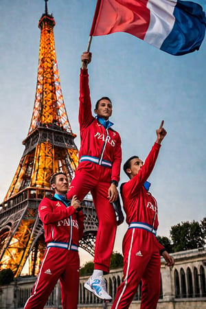 A majestic shot: Against the iconic Eiffel Tower's iron lacework, athletes from Paris Olympic Games stand in unison against a warm evening sky, vibrant uniforms popping against the soft blue tones. A bold banner unfurls behind them, emblazoned with 'PARIS 2024' in striking red letters, echoing the tower's grandeur. Athletes' determined faces and strong poses exude unity and strength as they proudly display their country's flag, set amidst the City of Light's most recognizable landmark.