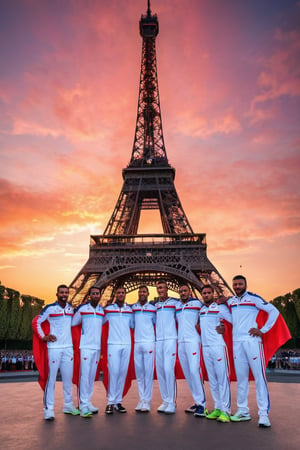 A majestic shot: Against the iconic Eiffel Tower's iron lacework, athletes from Paris Olympic Games stand in unison against a warm evening sky, vibrant uniforms popping against the soft blue tones. A bold banner unfurls behind them, emblazoned with 'PARIS 2024' in striking red letters, echoing the tower's grandeur. Athletes' determined faces and strong poses exude unity and strength as they proudly display their country's flag, set amidst the City of Light's most recognizable landmark.