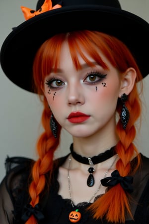 upper body portrait of 15yo cute girl with Halloween heavy makeup on face, in Gothic Haloween costume and hat,higly detailed skin texture ,(looking at camera:1.5),(gothic),fractal punk, orange braid hair, matte painting portrait shot, beautiful girl, pink fair skin, she is dressed in Halloween clothes, Pumpkin motif accessories,necklace and earrings, Halloween atmosphere, heavy makeup,orange theme