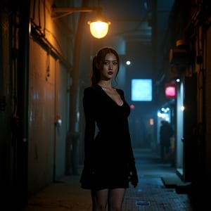 A mysterious, raven-haired woman with a ponytail and olive-toned skin stands in a dimly lit, dystopian alleyway, reminiscent of Ridley Scott's Blade Runner, with a mix of high-contrast shadows and muted neon hues. She wears a black, long-sleeved dress, fishnet stockings, and exudes an air of quiet intensity. Soft, golden light spills from a lone, overhead sodium vapor lamp, casting an eerie glow on her determined expression, while the surrounding darkness is punctuated by the faint, cool blue glow of distant LED advertisements, imbuing the scene with a sense of foreboding and tension, as captured on 35mm film with a gritty, cinematic texture and subtle film grain.