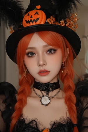 upper body portrait of 15yo cute girl with Halloween heavy makeup on face, in Gothic Haloween costume and hat,higly detailed skin texture ,(looking at camera:1.5),(gothic),fractal punk, orange braid hair, matte painting portrait shot, beautiful girl, pink fair skin, she is dressed in Halloween clothes, Pumpkin motif accessories,necklace and earrings, Halloween atmosphere, heavy makeup,orange theme