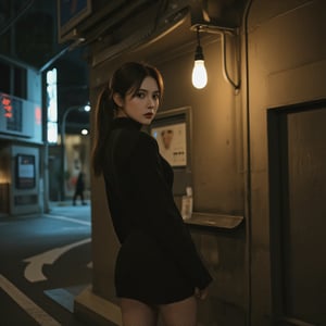 A mysterious, raven-haired woman with a ponytail and olive-toned skin stands in a dimly lit, dystopian alleyway, reminiscent of Ridley Scott's Blade Runner, with a mix of high-contrast shadows and muted neon hues. She wears a black, long-sleeved dress, fishnet stockings, and exudes an air of quiet intensity. Soft, golden light spills from a lone, overhead sodium vapor lamp, casting an eerie glow on her determined expression, while the surrounding darkness is punctuated by the faint, cool blue glow of distant LED advertisements, imbuing the scene with a sense of foreboding and tension, as captured on 35mm film with a gritty, cinematic texture and subtle film grain.