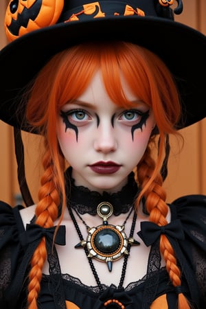 upper body portrait of 15yo cute girl with Halloween heavy makeup on face, in Gothic Haloween costume and hat,higly detailed skin texture ,(looking at camera:1.5),(gothic),fractal punk, orange braid hair, matte painting portrait shot, beautiful girl, pink fair skin, she is dressed in Halloween clothes, Pumpkin motif accessories,necklace and earrings, Halloween atmosphere, heavy makeup,orange theme