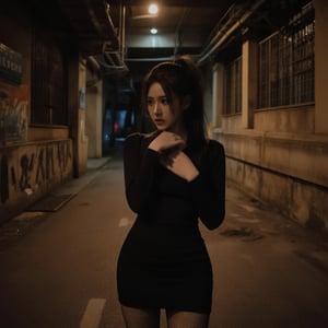 A mysterious, raven-haired woman with a ponytail and olive-toned skin stands in a dimly lit, dystopian alleyway, reminiscent of Ridley Scott's Blade Runner, with a mix of high-contrast shadows and muted neon hues. She wears a black, long-sleeved dress, fishnet stockings, and exudes an air of quiet intensity. Soft, golden light spills from a lone, overhead sodium vapor lamp, casting an eerie glow on her determined expression, while the surrounding darkness is punctuated by the faint, cool blue glow of distant LED advertisements, imbuing the scene with a sense of foreboding and tension, as captured on 35mm film with a gritty, cinematic texture and subtle film grain.