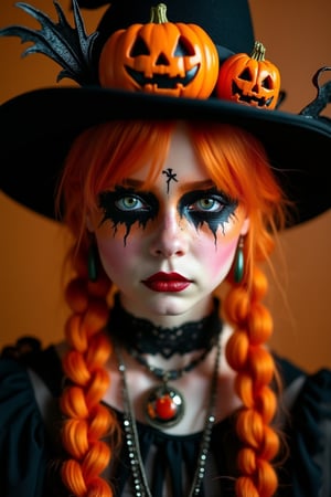 upper body portrait of 15yo cute girl with Halloween heavy makeup on face, in Gothic Haloween costume and hat,higly detailed skin texture ,(looking at camera:1.5),(gothic),fractal punk, orange braid hair, matte painting portrait shot, beautiful girl, pink fair skin, she is dressed in Halloween clothes, Pumpkin motif accessories,necklace and earrings, Halloween atmosphere, heavy makeup,orange theme