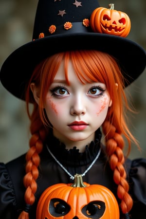 upper body portrait of 15yo cute girl with Halloween heavy makeup on face, in Gothic Haloween costume and hat,higly detailed skin texture ,(looking at camera:1.5),(gothic),fractal punk, orange braid hair, matte painting portrait shot, beautiful girl, pink fair skin, she is dressed in Halloween clothes, Pumpkin motif accessories,necklace and earrings, Halloween atmosphere, heavy makeup,orange theme