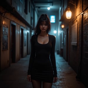 A mysterious, raven-haired woman with a ponytail and olive-toned skin stands in a dimly lit, dystopian alleyway, reminiscent of Ridley Scott's Blade Runner, with a mix of high-contrast shadows and muted neon hues. She wears a black, long-sleeved dress, fishnet stockings, and exudes an air of quiet intensity. Soft, golden light spills from a lone, overhead sodium vapor lamp, casting an eerie glow on her determined expression, while the surrounding darkness is punctuated by the faint, cool blue glow of distant LED advertisements, imbuing the scene with a sense of foreboding and tension, as captured on 35mm film with a gritty, cinematic texture and subtle film grain.