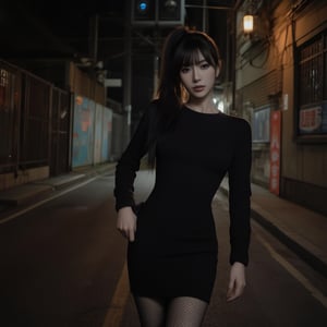 A mysterious, raven-haired woman with a ponytail and olive-toned skin stands in a dimly lit, dystopian alleyway, reminiscent of Ridley Scott's Blade Runner, with a mix of high-contrast shadows and muted neon hues. She wears a black, long-sleeved dress, fishnet stockings, and exudes an air of quiet intensity. Soft, golden light spills from a lone, overhead sodium vapor lamp, casting an eerie glow on her determined expression, while the surrounding darkness is punctuated by the faint, cool blue glow of distant LED advertisements, imbuing the scene with a sense of foreboding and tension, as captured on 35mm film with a gritty, cinematic texture and subtle film grain.