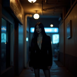 A mysterious, raven-haired woman with a long hair and olive-toned skin stands in a dimly lit, dystopian alleyway, reminiscent of Ridley Scott's Blade Runner, with a mix of high-contrast shadows and muted neon hues. She wears a black, long-sleeved dress, fishnet stockings, and exudes an air of quiet intensity. Soft, golden light spills from a lone, overhead sodium vapor lamp, casting an eerie glow on her determined expression, while the surrounding darkness is punctuated by the faint, cool blue glow of distant LED advertisements, imbuing the scene with a sense of foreboding and tension, as captured on 35mm film with a gritty, cinematic texture and subtle film grain.