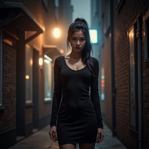 A mysterious, raven-haired woman with a ponytail and olive-toned skin stands in a dimly lit, dystopian alleyway, reminiscent of Ridley Scott's Blade Runner, with a mix of high-contrast shadows and muted neon hues. She wears a black, long-sleeved dress, fishnet stockings, and exudes an air of quiet intensity. Soft, golden light spills from a lone, overhead sodium vapor lamp, casting an eerie glow on her determined expression, while the surrounding darkness is punctuated by the faint, cool blue glow of distant LED advertisements, imbuing the scene with a sense of foreboding and tension, as captured on 35mm film with a gritty, cinematic texture and subtle film grain.