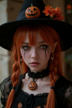 upper body portrait of 15yo cute girl with Halloween heavy makeup on face, in Gothic Haloween costume and hat,higly detailed skin texture ,(looking at camera:1.5),(gothic),fractal punk, orange braid hair, matte painting portrait shot, beautiful girl, pink fair skin, she is dressed in Halloween clothes, Pumpkin motif accessories,necklace and earrings, Halloween atmosphere, heavy makeup,orange theme