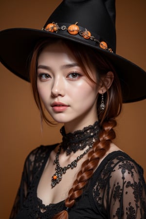 upper body portrait of 15yo cute girl with Halloween heavy makeup on face, in Gothic Haloween costume and hat,higly detailed skin texture ,(looking at camera:1.5),(gothic),fractal punk, orange braid hair, matte painting portrait shot, beautiful girl, pink fair skin, she is dressed in Halloween clothes, Pumpkin motif accessories,necklace and earrings, Halloween atmosphere, heavy makeup,orange theme